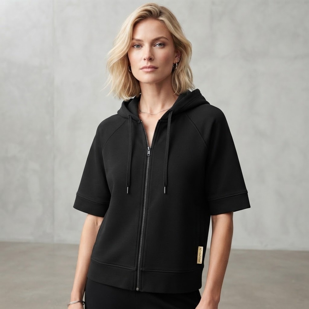ANN TAYLOR LOFT Full Zip Hoodie Womens Small Black Short Sleeve Cotton Sweatshir